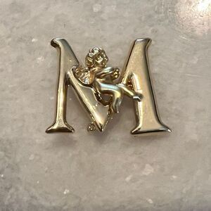 L. Razza Vintage Gold Toned Cherub Angel "M" Jewelry Pin Stamped Signed Brooch